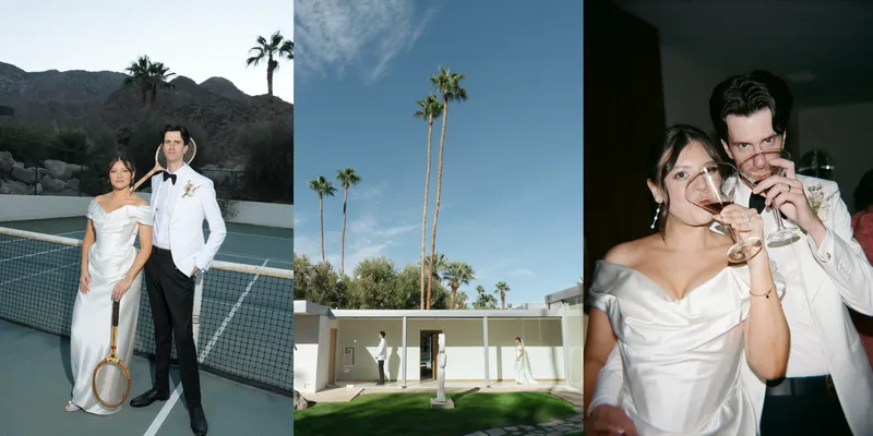 bride and groom in palm springs sipping espresso martinis and playing tennis together at their wedding venue's tennis court