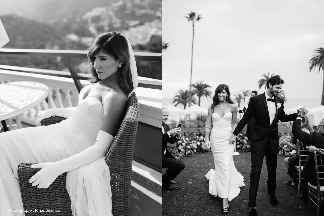 Black and white photos of a wedding, with a woman in a wedding dress and a man in a tuxedo