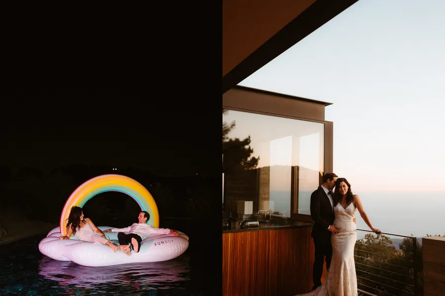 A split scene showing two different settings: on the left, a couple sitting on an inflatable float with a rainbow design in a pool at night; on the right, a bride and groom in wedding attire standing on a balcony overlooking a scenic landscape at sun