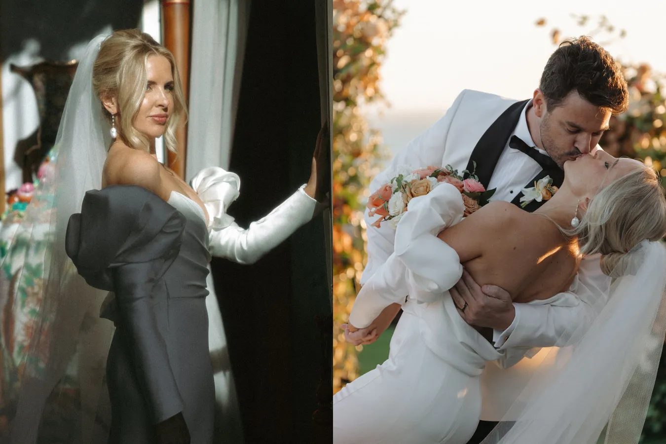 A bride in a white gown and veil looking at herself in a mirror, and a groom in a tuxedo k