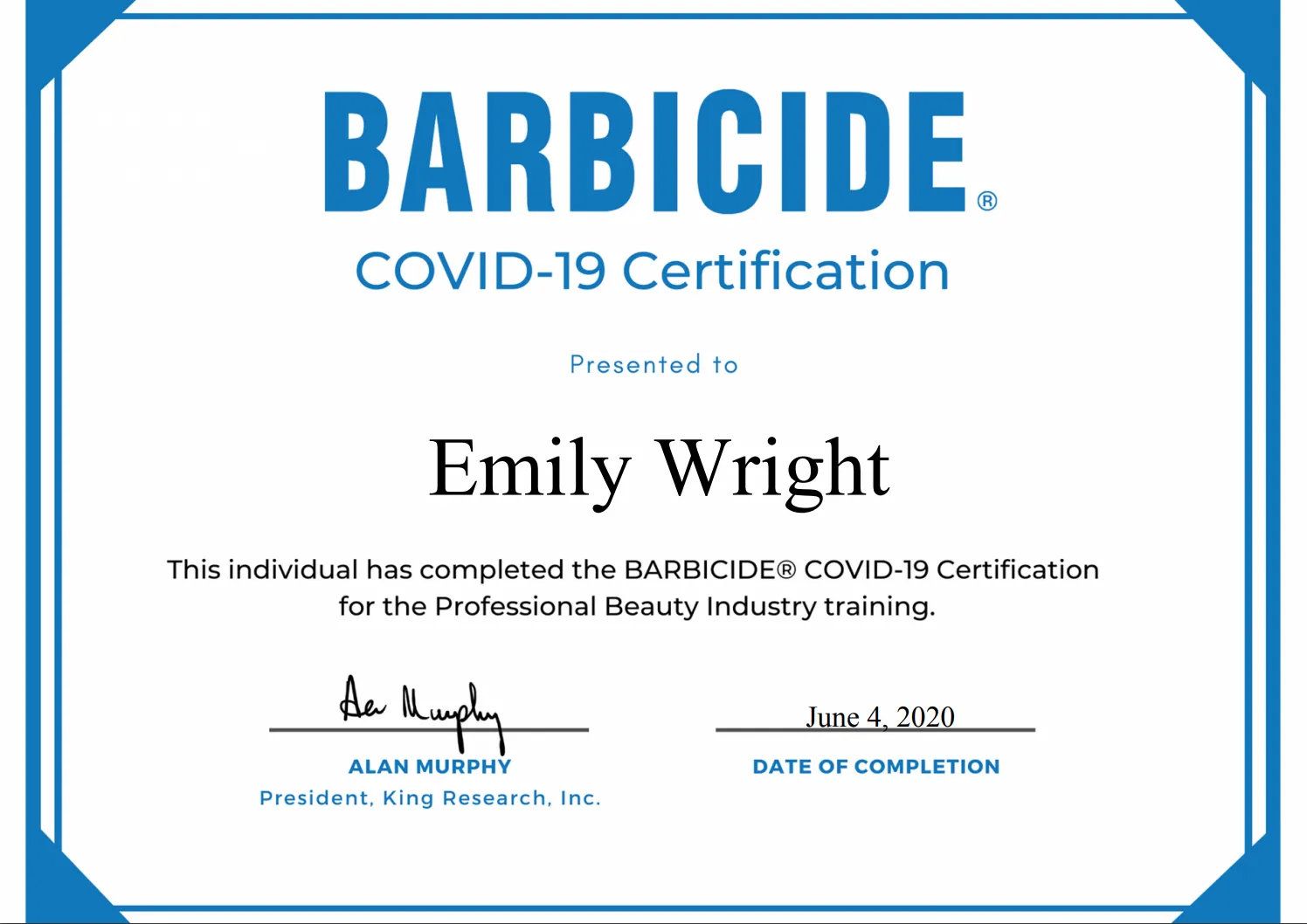 COVID-19 certification certificate issued to Emily Wright by Barbicide, signed by Alan Murphy, dated June 4, 2020, for professional beauty industry training.