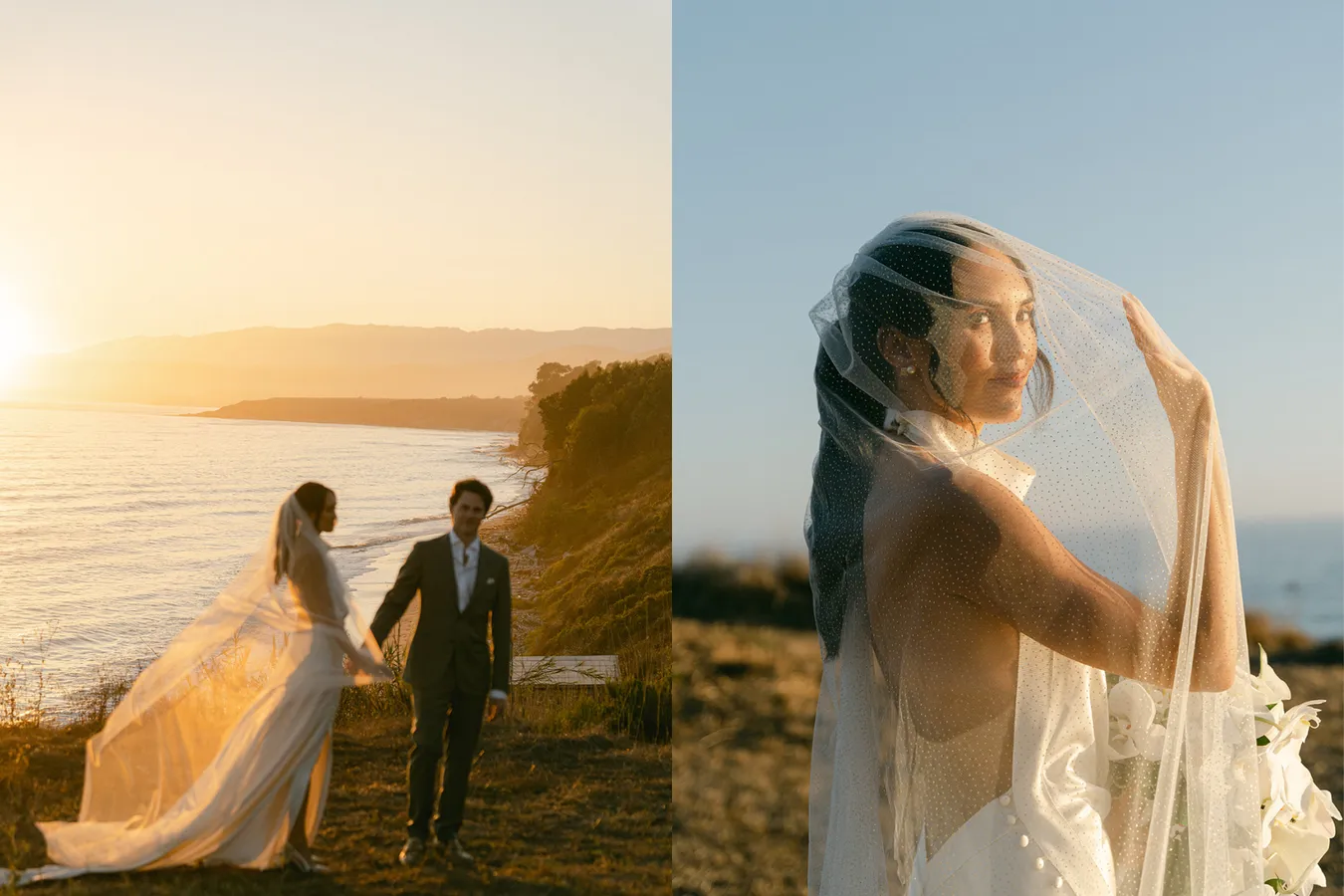 Santa Barbara bride and groom walking off into the sunset at their wedding reception