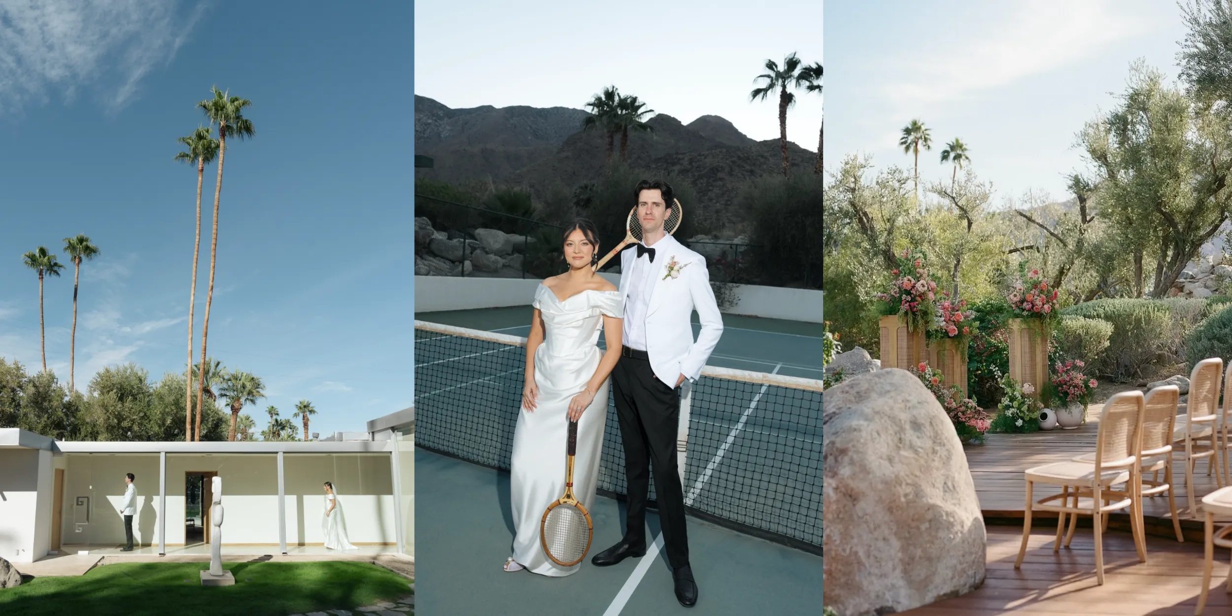 modern, trendy wedding in palm springs. bride and groom holding vintage tennis rackets and posing for bridal portraits at their wedding venue