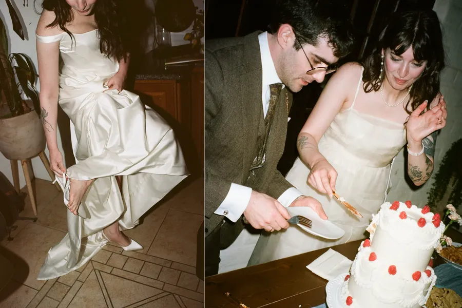 A woman in a cream-colored wedding dress lifts her foot to show her white high heel in a close-up of her from the side. In another part of the photo, a man in a brown suit, and a woman in a wedding dress are cutting a wedding cake with strawberries o