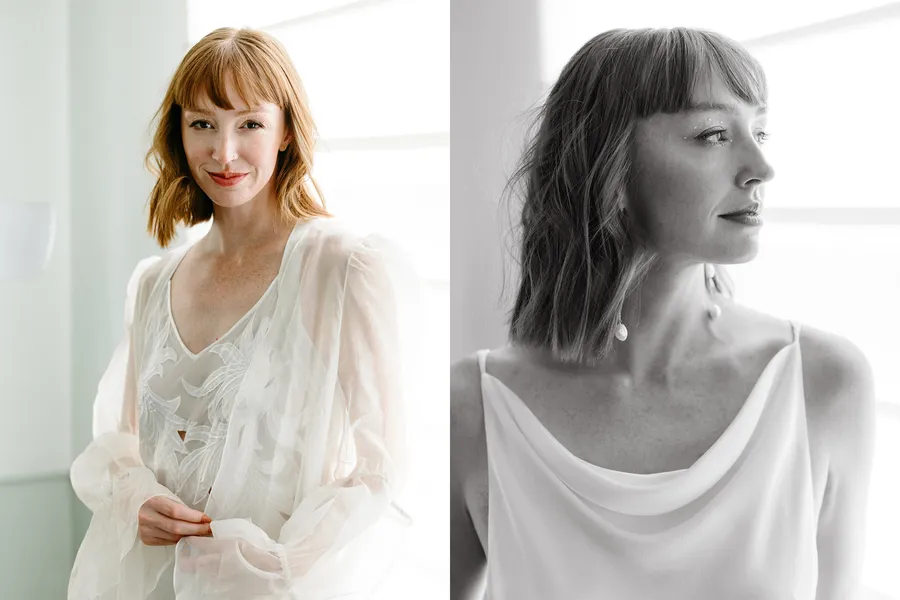 Bridal shoot that looks like an editorial shoot. Bride with short hair and off the shoulder gown