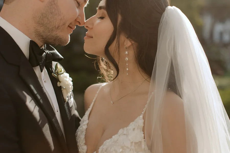 Romantic photo of couple on their wedding day.