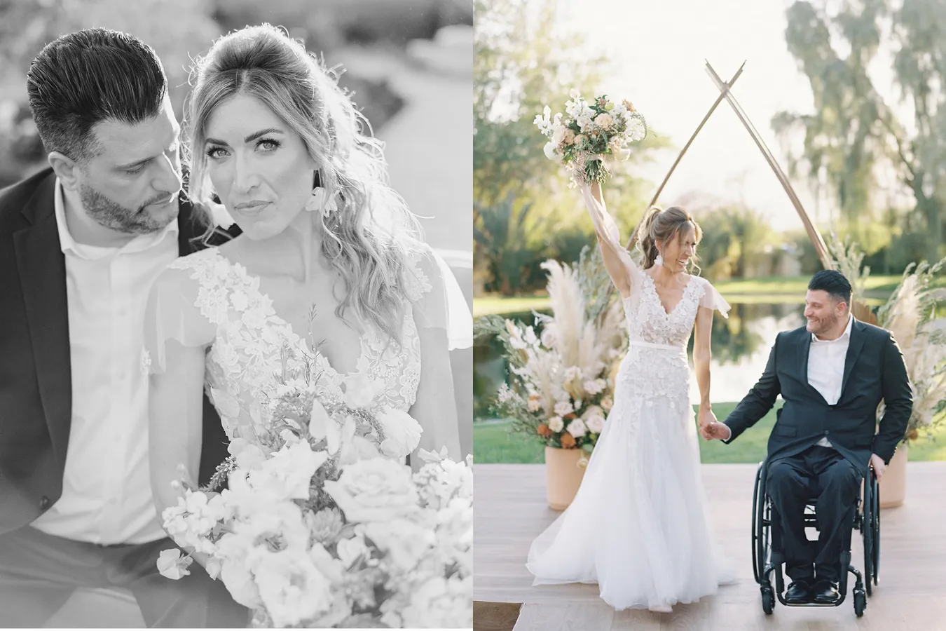 Side-by-side comparison of two wedding photos. The left photo is in black and white, showi