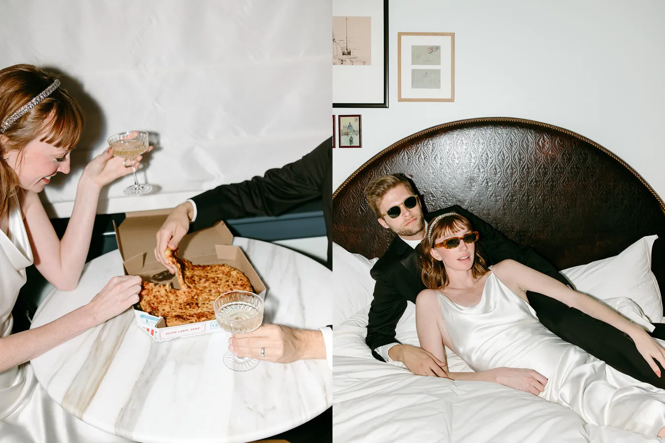 Split image showing a woman and man in two different scenes. On the left, the woman is smi