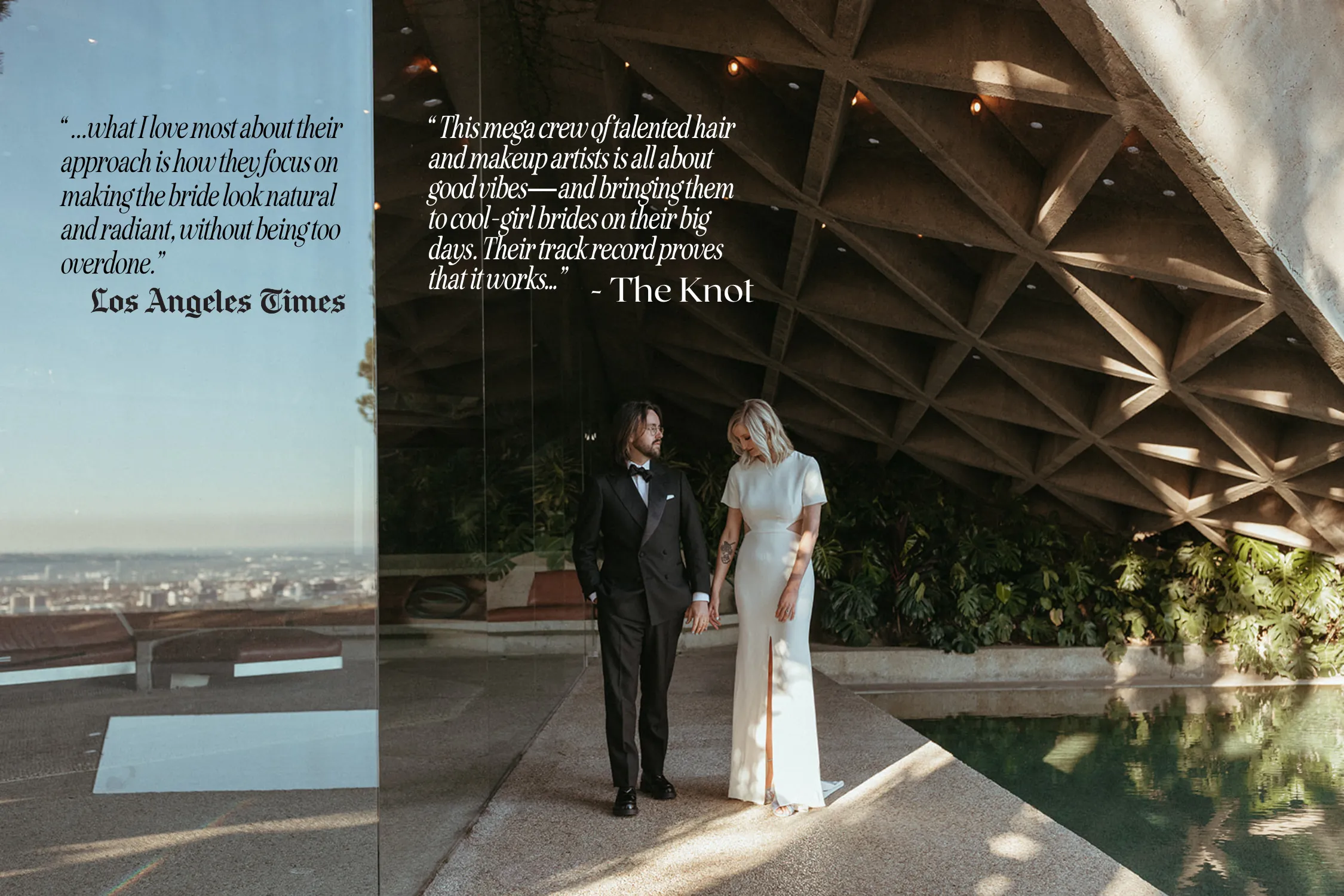 Press quotes from the Los Angeles Times and The Knot over a photo of a bride and groom at the Sheats-Goldstein residence