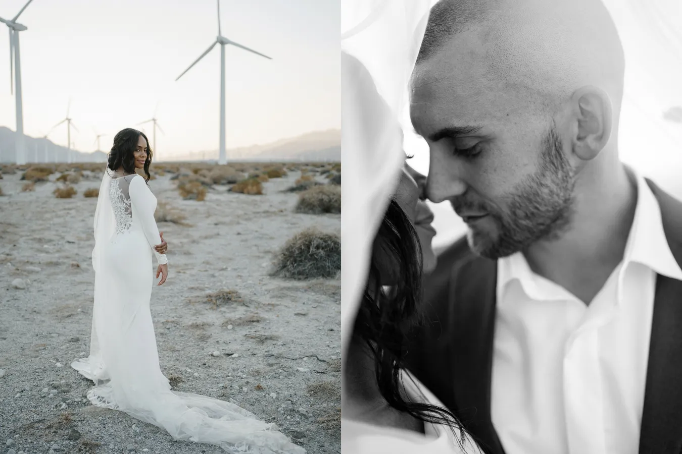 A woman in a white wedding dress standing outdoors in a desert landscape with wind turbine