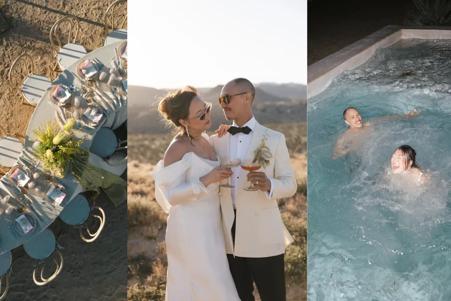 Triptych of images including a beach wedding table setting, a couple in formal attire sharing drinks outdoors, and two women swimming and smiling in a hot tub at night.