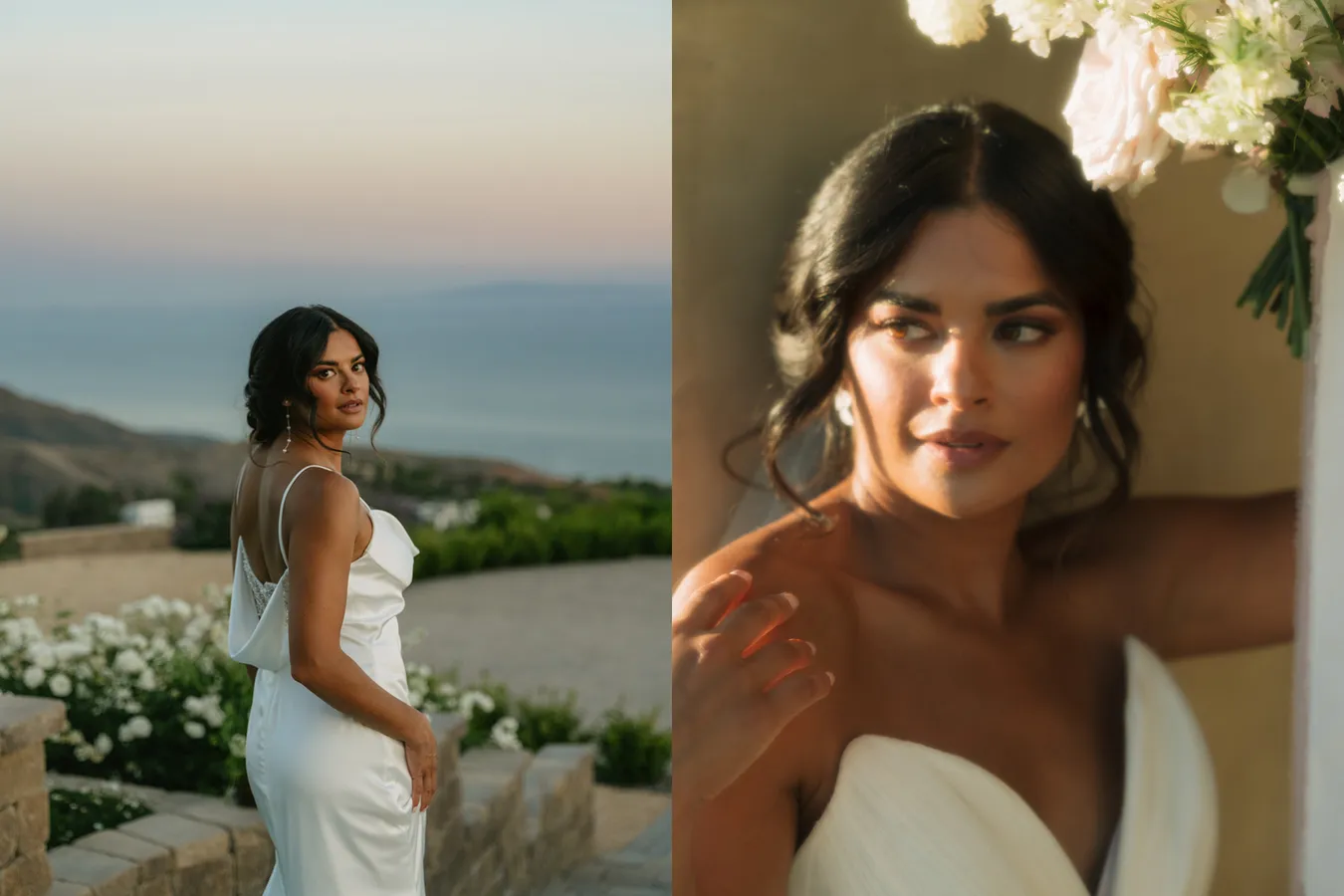 A woman in a white dress with thin straps, standing outdoors at sunset near greenery and f