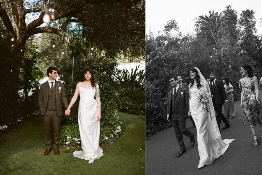 Split image of a wedding scene: left side shows a couple holding hands, the bride in a white wedding dress and the groom in a suit, standing outdoors under a large tree with string lights, surrounded by lush greenery; right side is a black-and-white