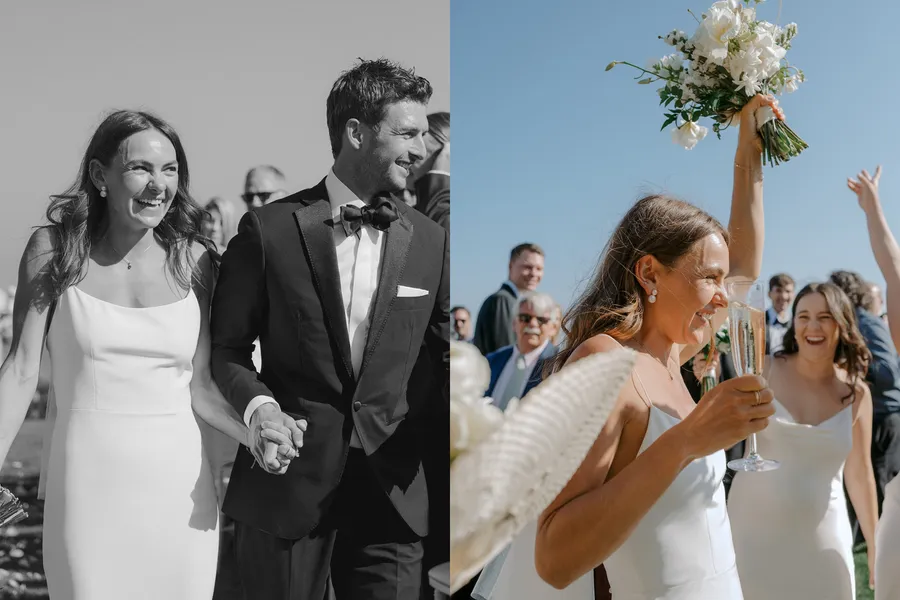 Split image of a wedding scene: left side is a black-and-white photo of a bride and groom holding hands and smiling, with the bride in a white dress and the groom in a black tuxedo with a bow tie. right side is a color photo of a woman in a white dre