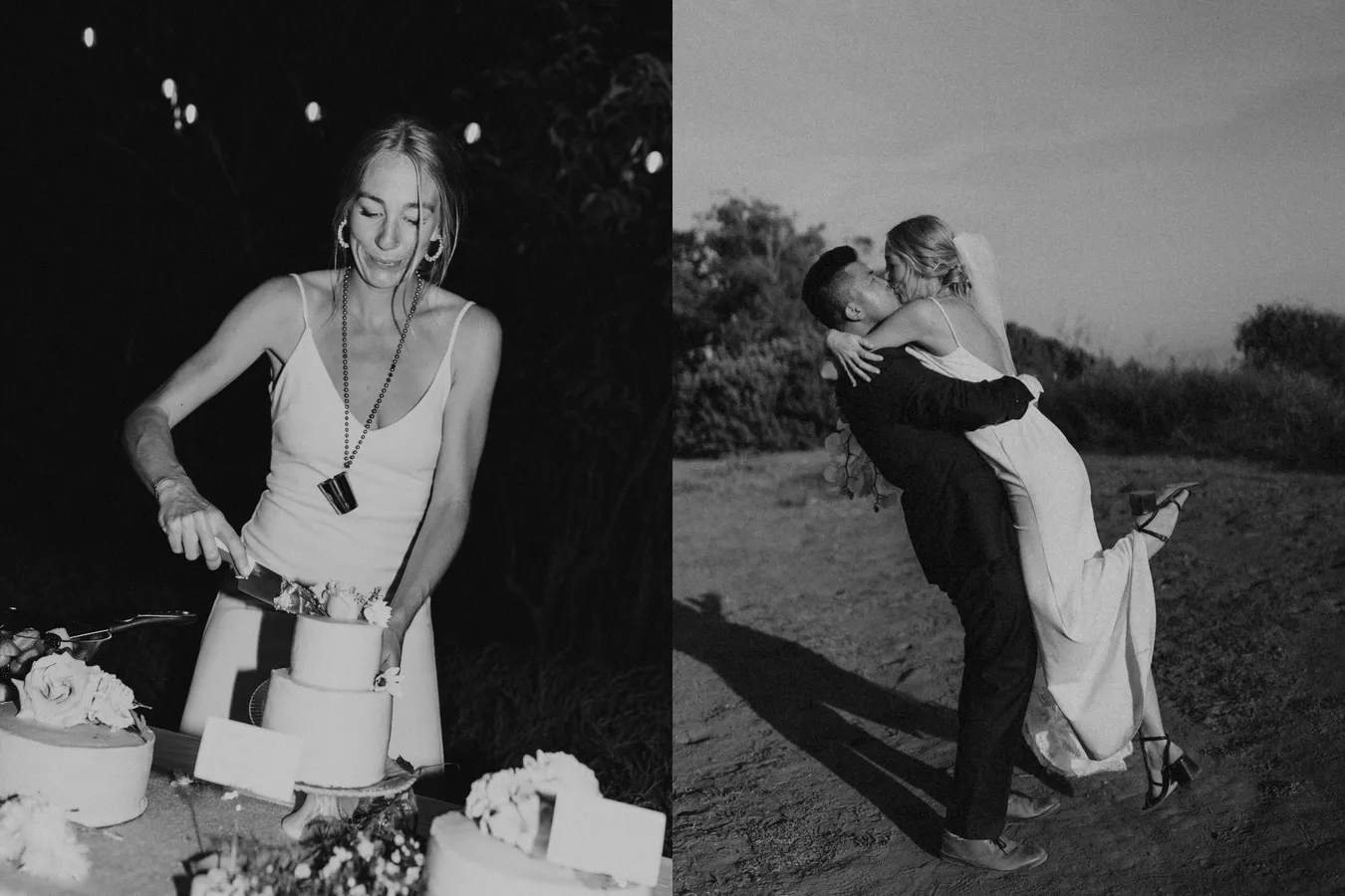 Two black and white photos side by side, one showing a woman cutting a cake at a celebrati