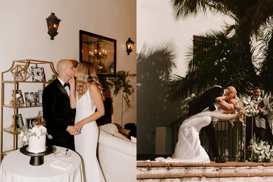 Side-by-side photos of a wedding kiss indoors and a couple kissing outdoors on a staircase, with a man in a gray suit holding an open book and smiling at courthouse wedding in santa barbara