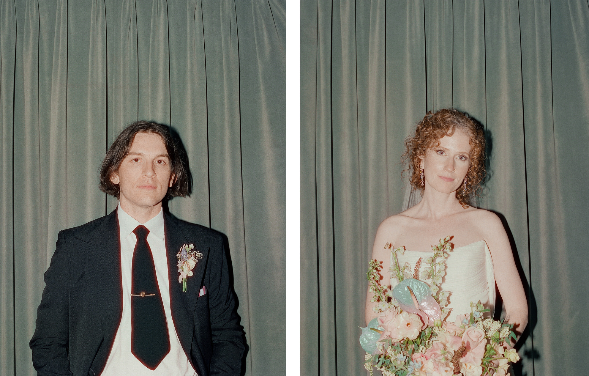 Bride and groom portraits in front of a green velvet curtain — natural, glowing makeup and soft curls