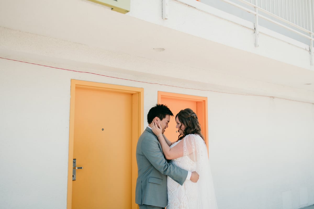 bride and groom share first look moment