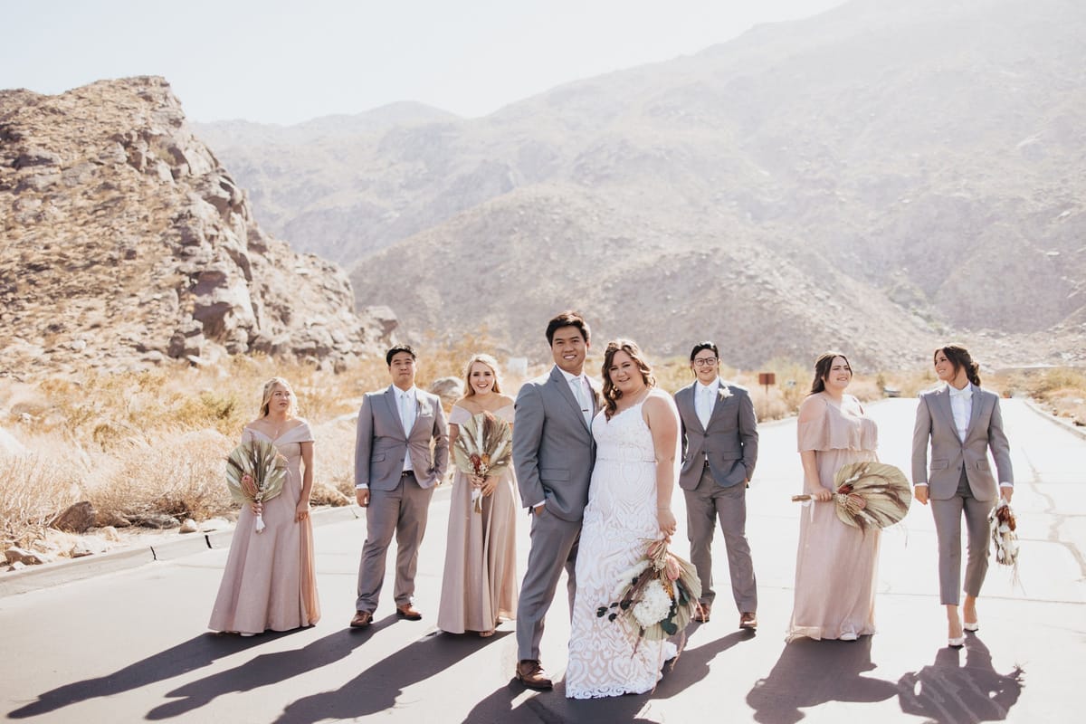 bridal party pose in the desert of palm springs