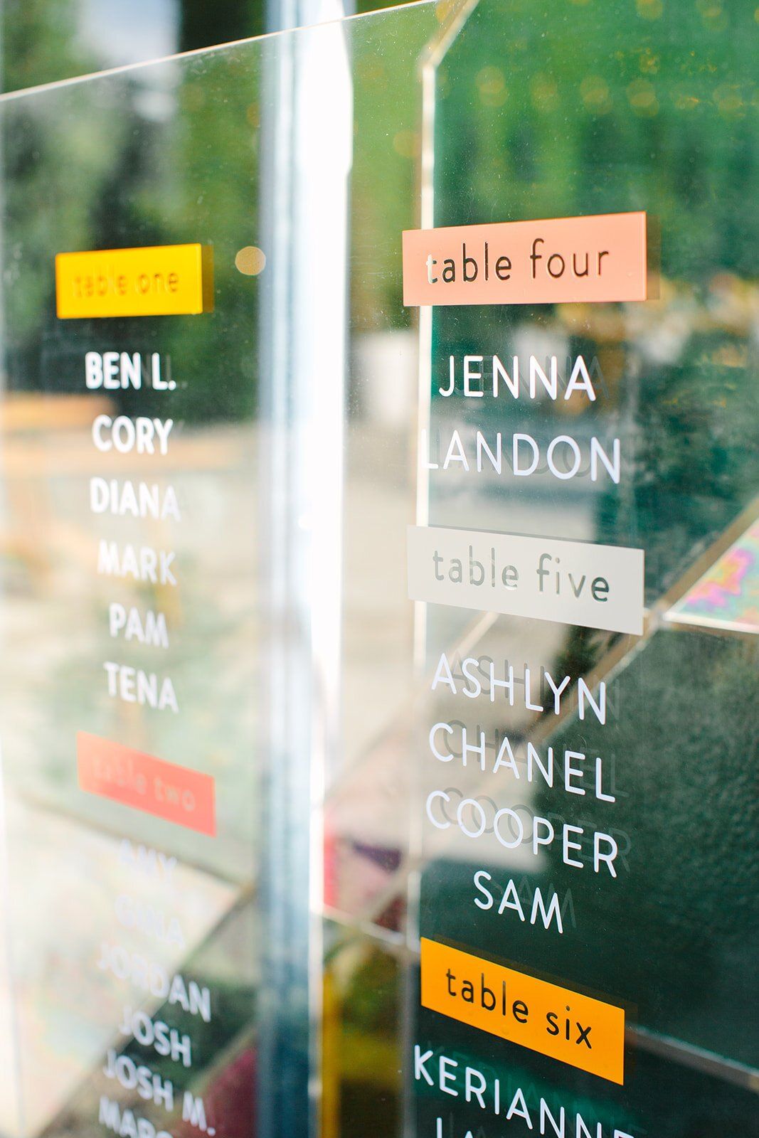 colorful seating chart at LA wedding