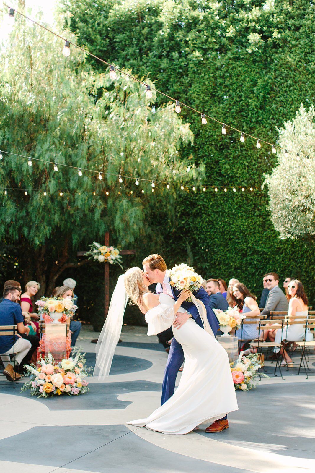 husband and wife after wedding ceremony at colorful LA wedding venue