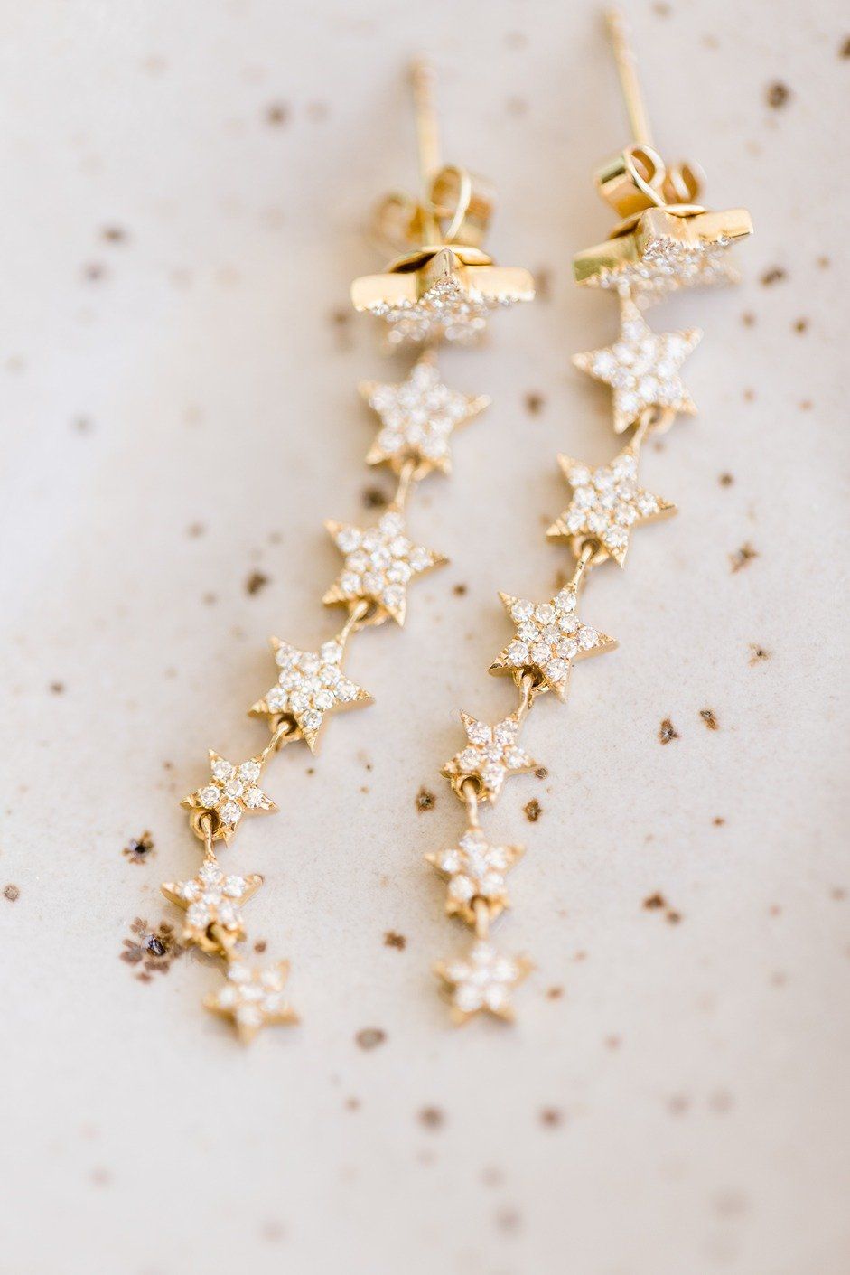 gold star dangle earrings for this bride's wedding day in pasadena, CA