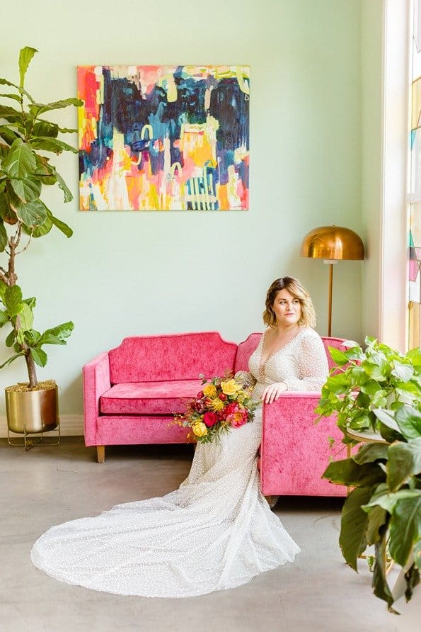 colorful and fun pink sofa at the fig house in los angeles