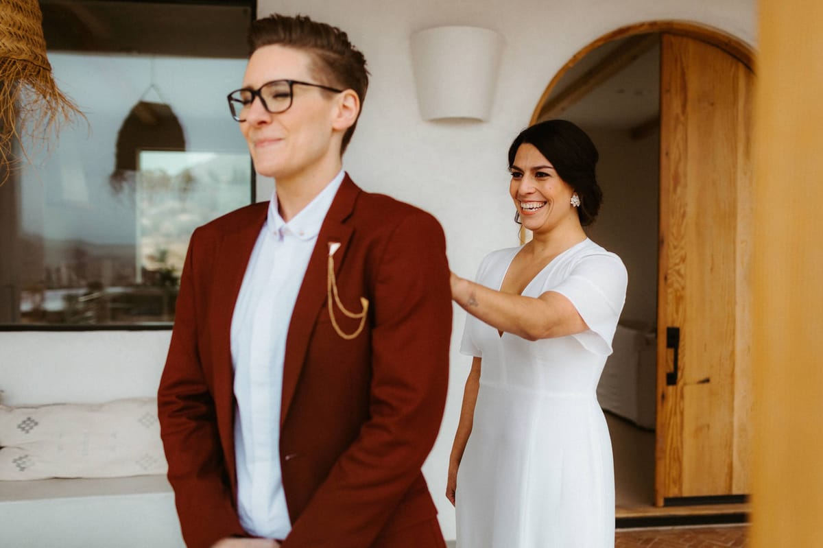 intimate first look moment for brides joshua tree elopement
