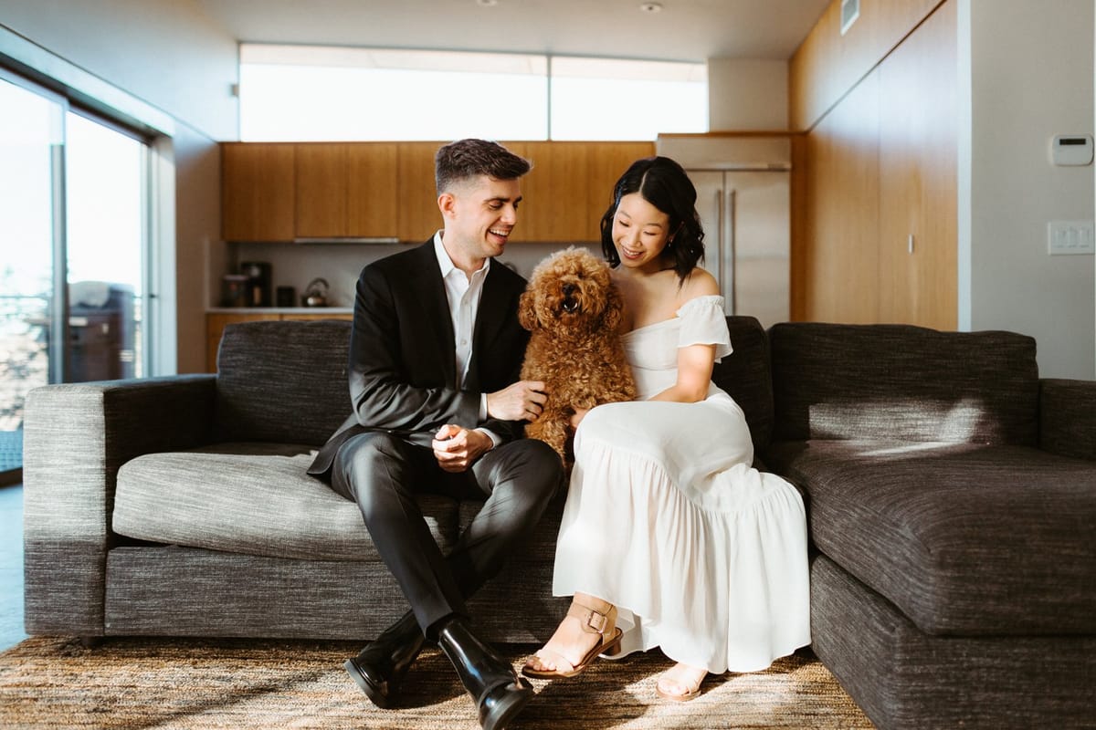 bride and groom bring golden doodle to their elopement