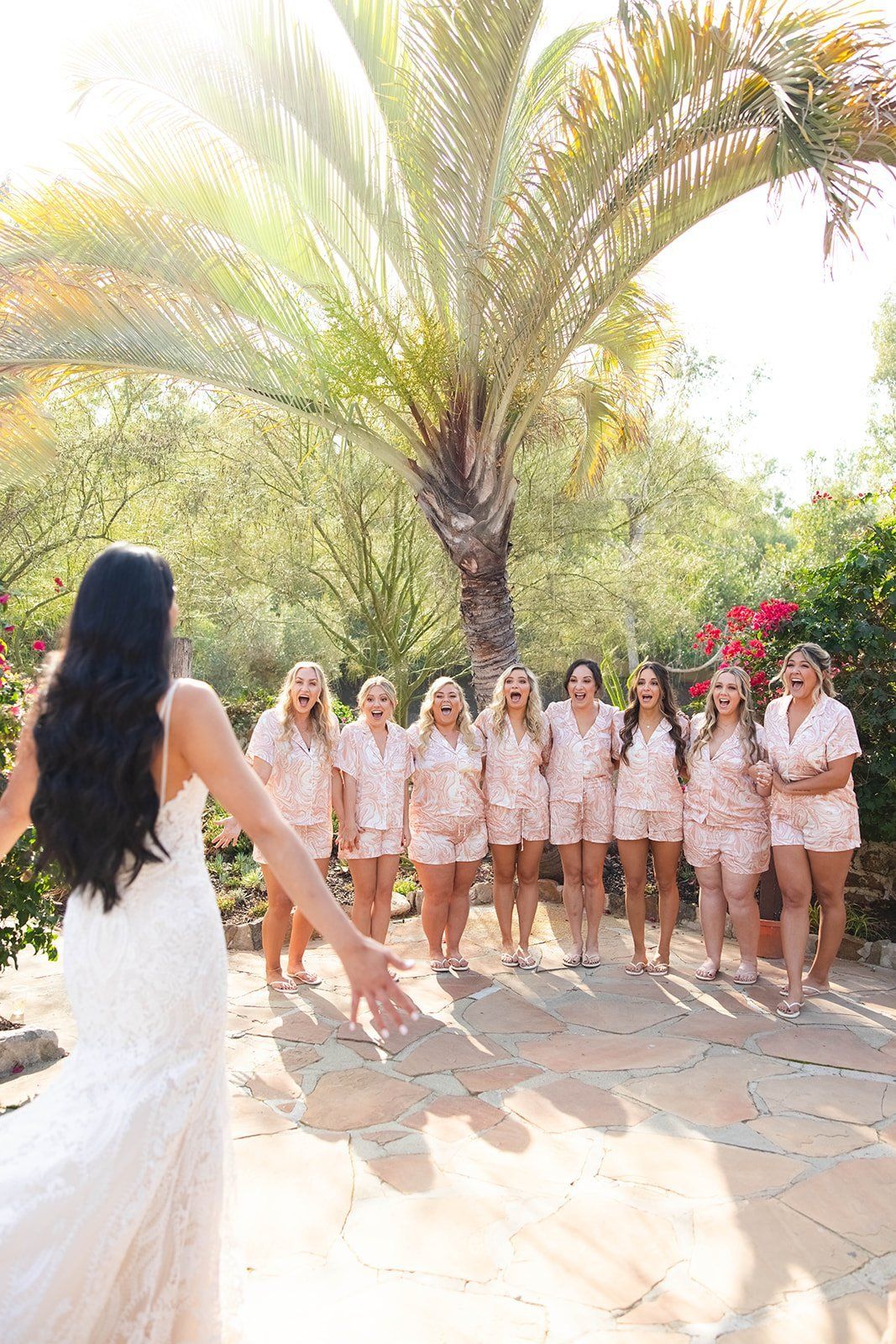 bride's first look with the bridesmaids