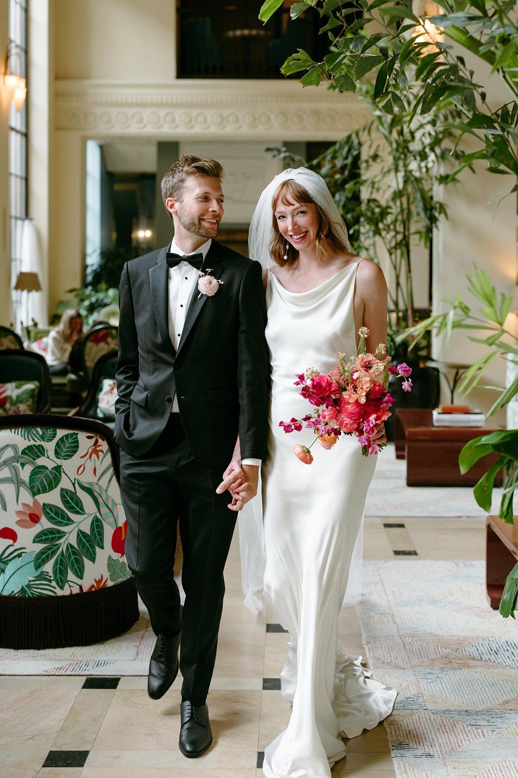 bride and groom ready for their elopement at hotel per la in downtown la