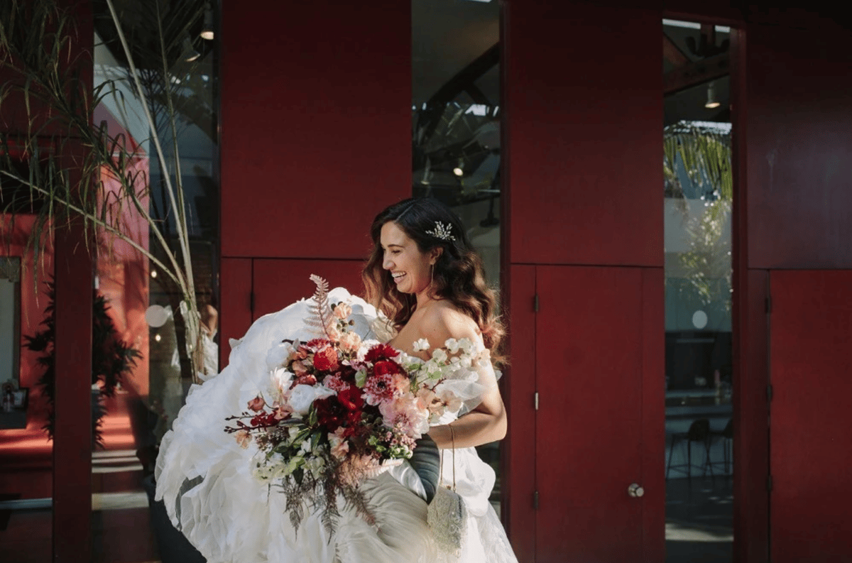 stunning bride at Kim Sing Theatre in Los Angeles, California