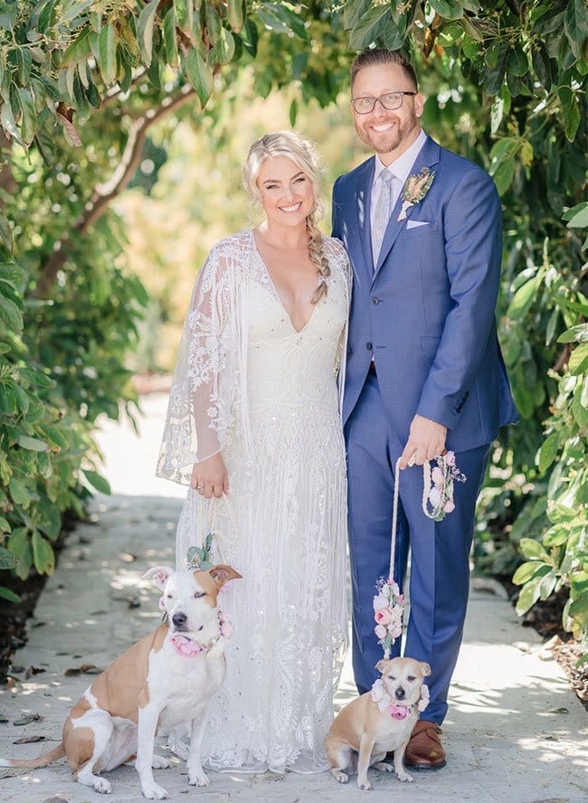 Bride and groom with their dogs during their Gerry Ranch Wedding in Santa Rosa Valley, California