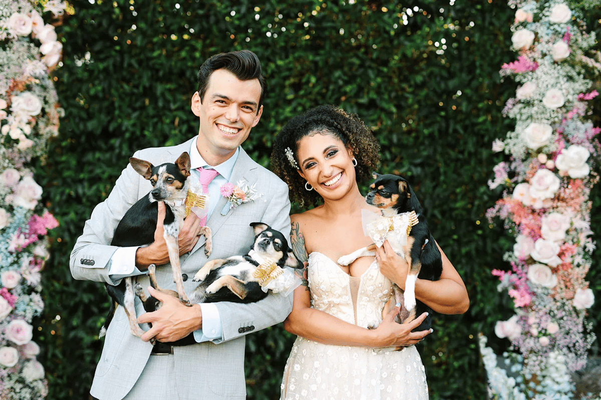 bride and groom take photos with their dogs on their wedding day in LA