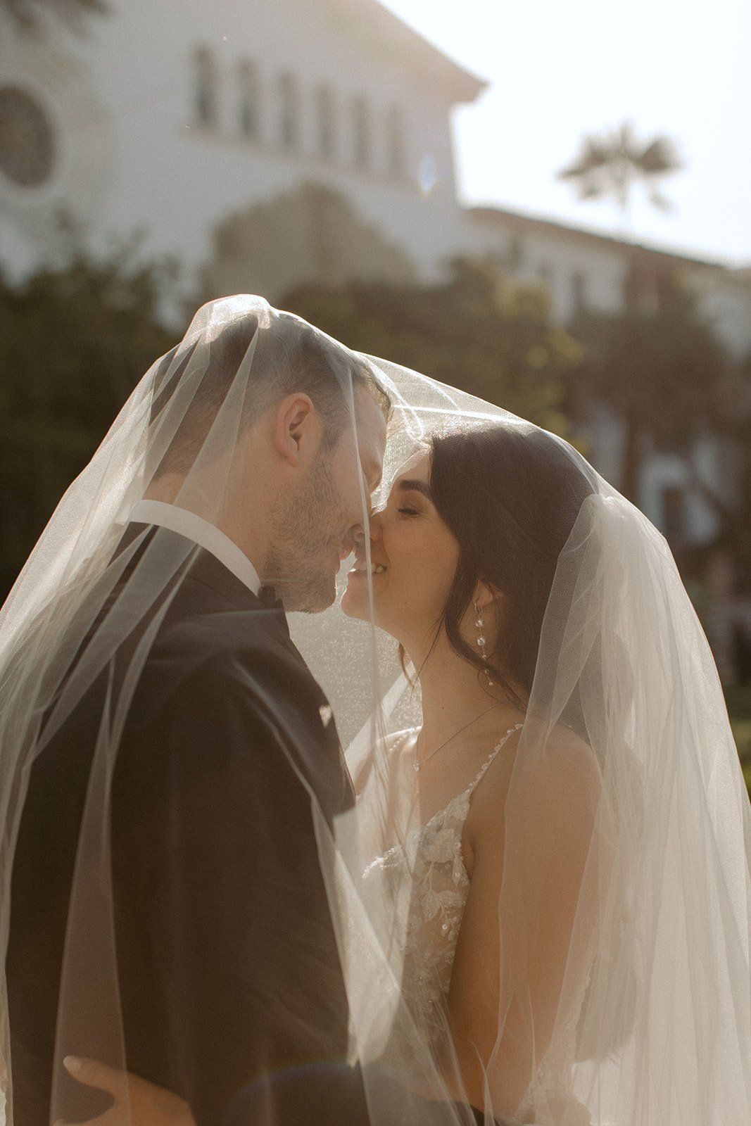 beautiful veil shot with newlyweds