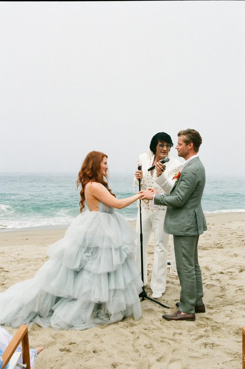 “The Bride Wore Blue and Elvis Officiated at This Unique Beach Wedding in Malibu” Published in Green Wedding Shoes